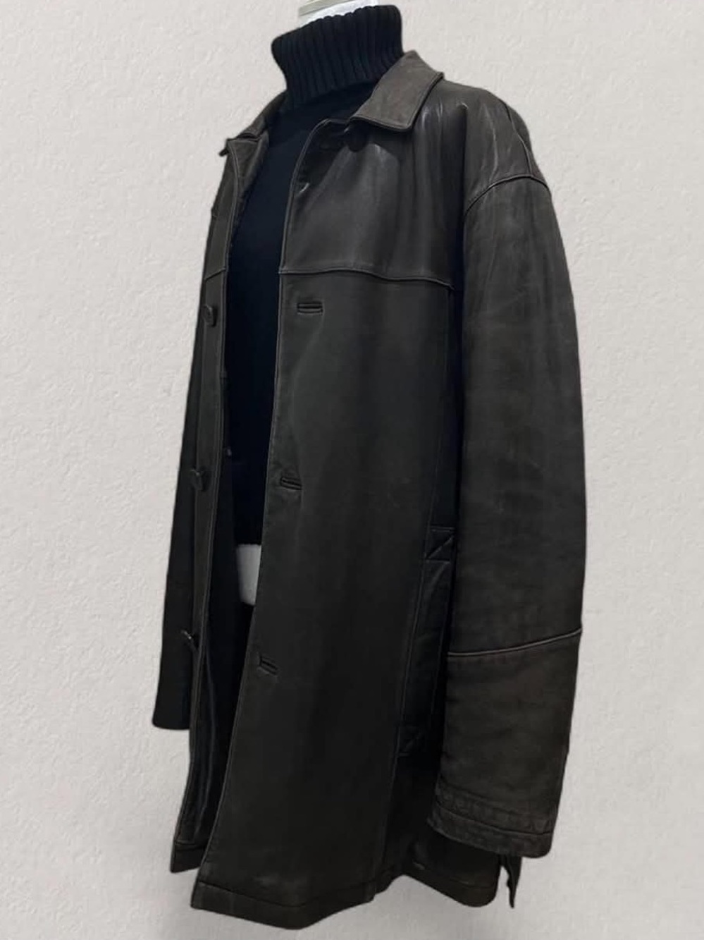 Men’s Dark Brown Leather Button-Front Long Coat